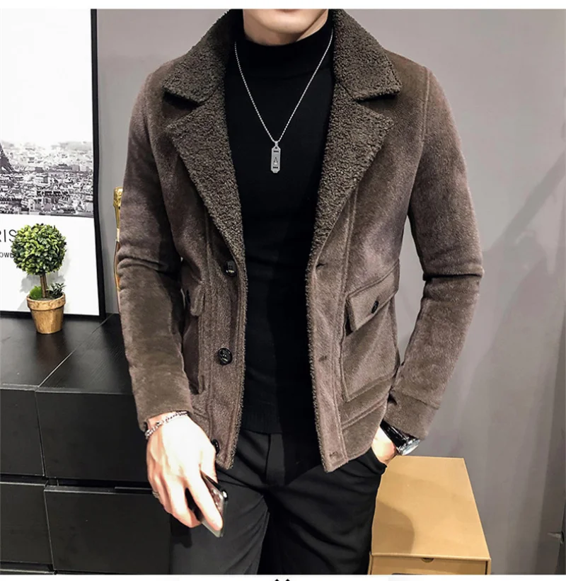 Autumn And Winter Men\'s Short Fur Lamb Woolen Jacket New Men\'s Solid Color Slim Lapel Woolen Windbreaker Coats Brand Tops