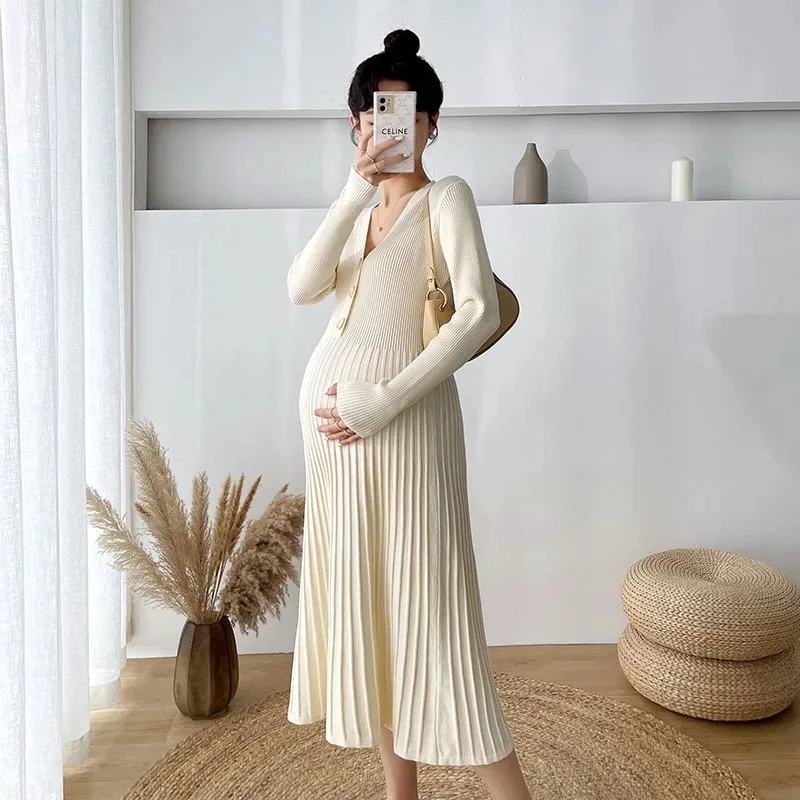 Autumn and Winter Maternity Clothing Long Sleeve V-Neck High Waist Button Fly Pregnancy Knitting Dresses Women Sweaters Knitwear