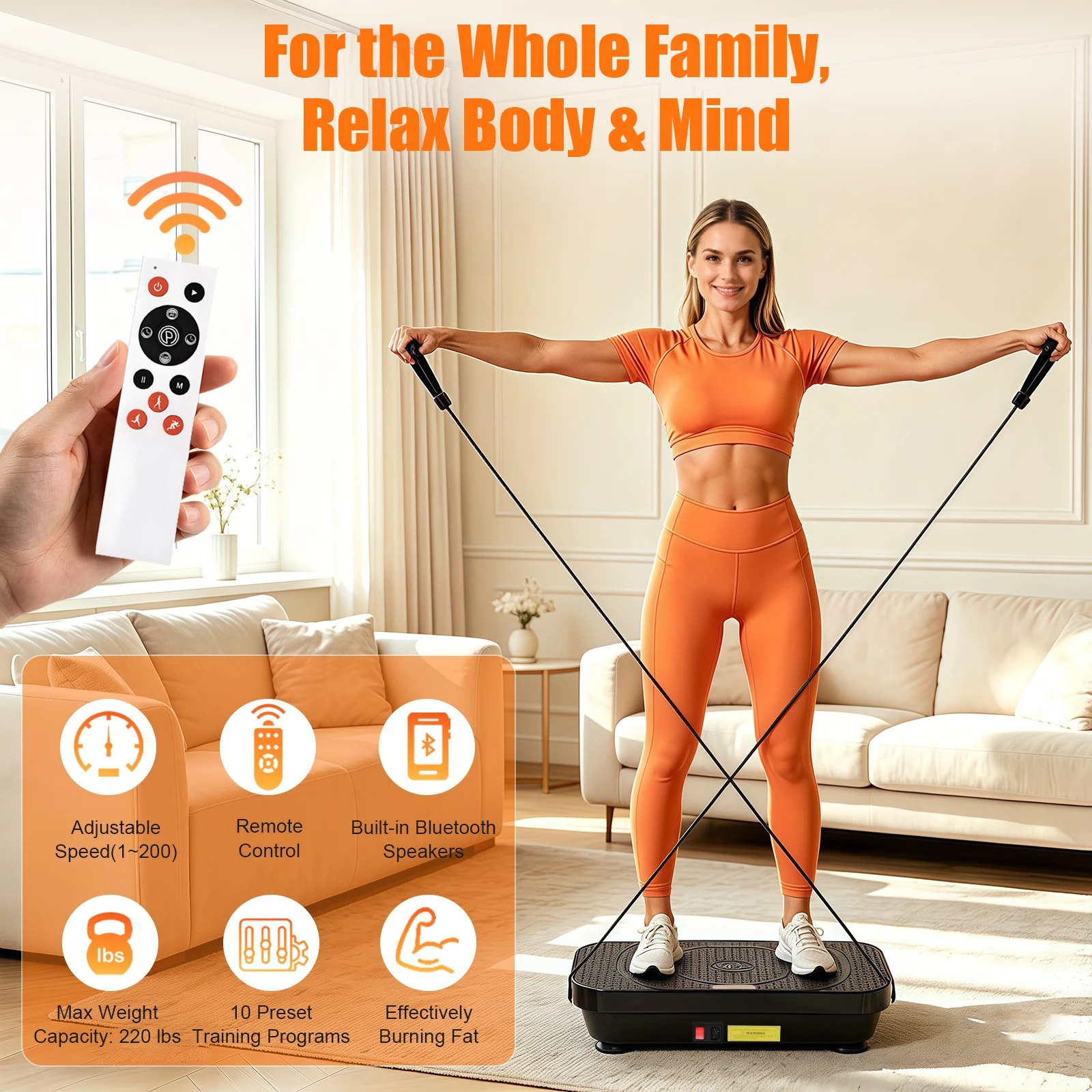 Vibration Plate Exercise Machine Home Fitness Machine Bluetooth for Weight Loss & Full Body Shaping High-Frequency for Fat Burning & Toning 10 Auto 200 Manual Speed Settings Includes Resistance Bands & Yoga Straps Shaker Adjustable Speed Weight Loss