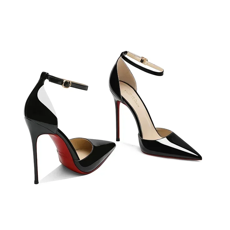 

2024 Black professional high heels, women's slim heels, pointed toe, sexy summer new red sole, one line with toe sandals