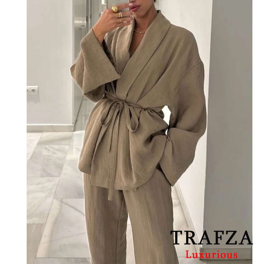 TRAFZA Vintage Linen Oversized Sashes Kimono Shirts+High Waist Wide Leg Pants Fashion 2024 Summer Casual Khaki Loose Female Suit