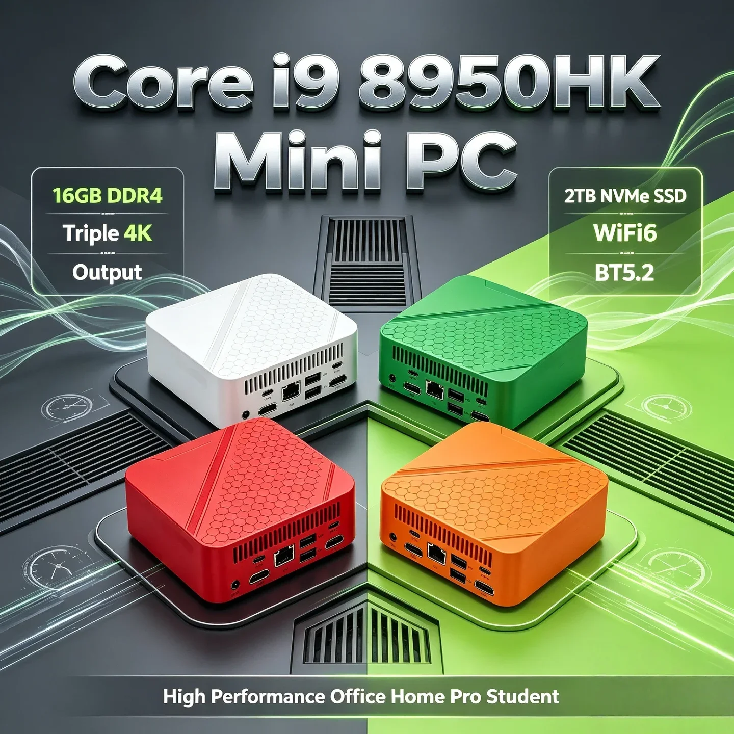 Mini Desktop Intel Core i9 8950HK 16GB DDR4 2TB NVMe SSD Triple 4K Output WiFi6 BT5.2 High Performance Office Home Pro Student