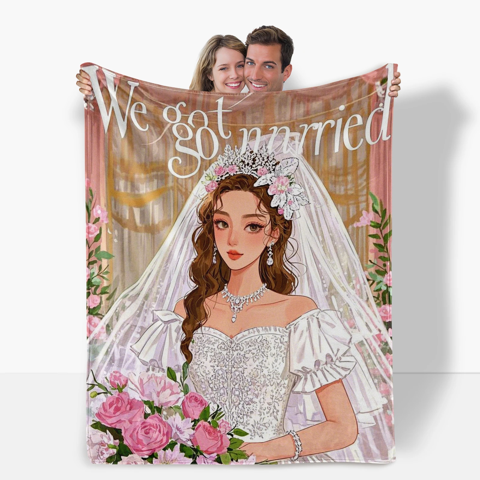 Adorable Cartoon Bride With Double Romantic Messages Blanket Ideal For Couples In The Wedding Season