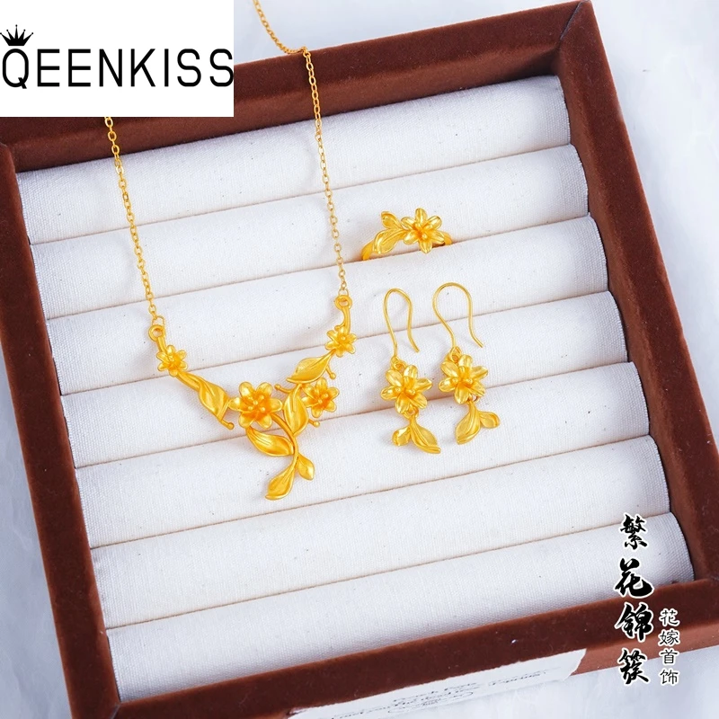 

QEENKISS 24KT Gold Flower Necklace+Ring+Drop Earrings For Women Wedding Party Birthday Christmas Bride Mother Lady Gifts JS5105