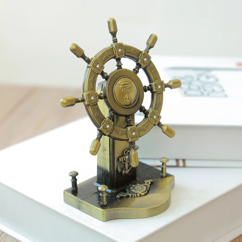 Metal Vintage Ship Wheel Figurine Steering Wheel Helm Model Collectible Souvenir Home Office Decoration Study Ornaments