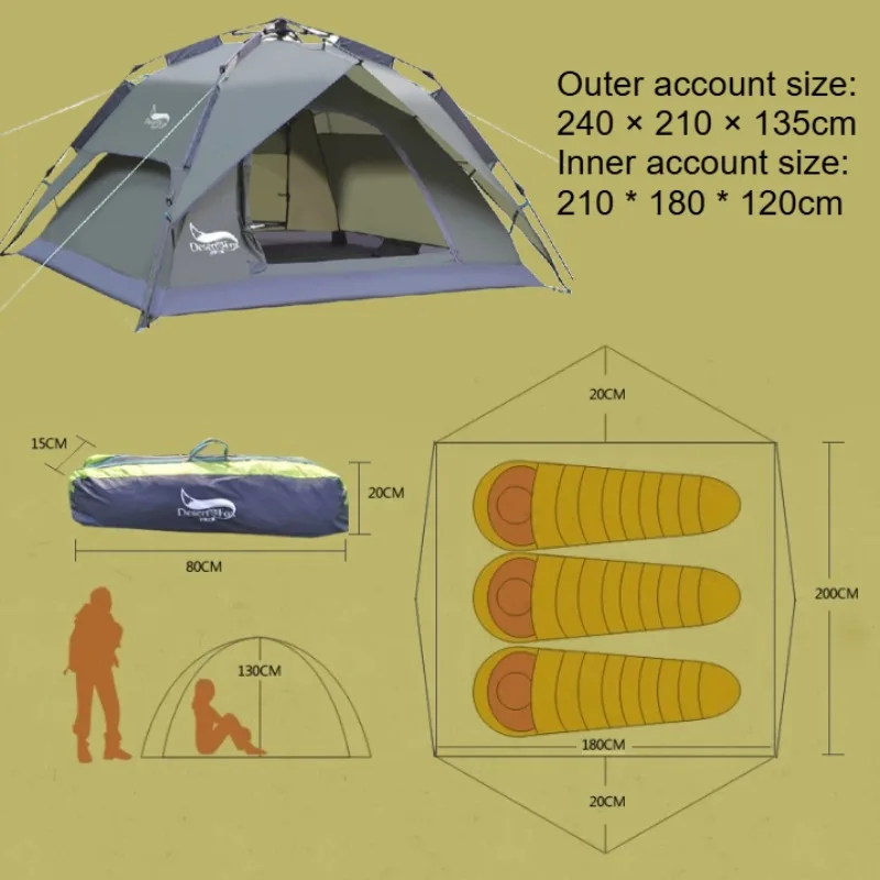 Barracas para Acampamento ao Ar Livre, Tenda Dobrável Totalmente Automática, Tenda de Abertura Rápida para 3-4 Pessoas, Camping à Prova de Chuva e Sol