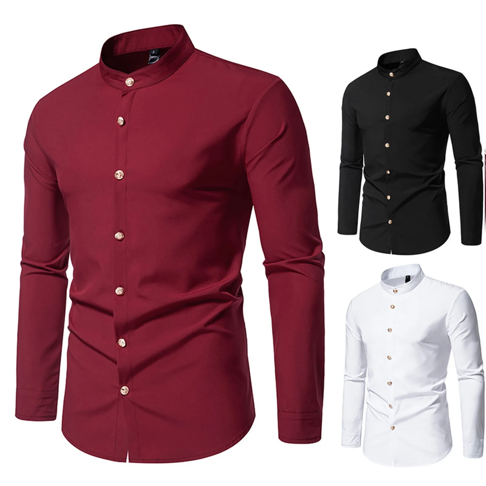 

New Spring Autumn Stand Collar Shirts Men Solid Color Long Sleeve Casual Mens Blouse Single Breasted Shirt Man wine red white