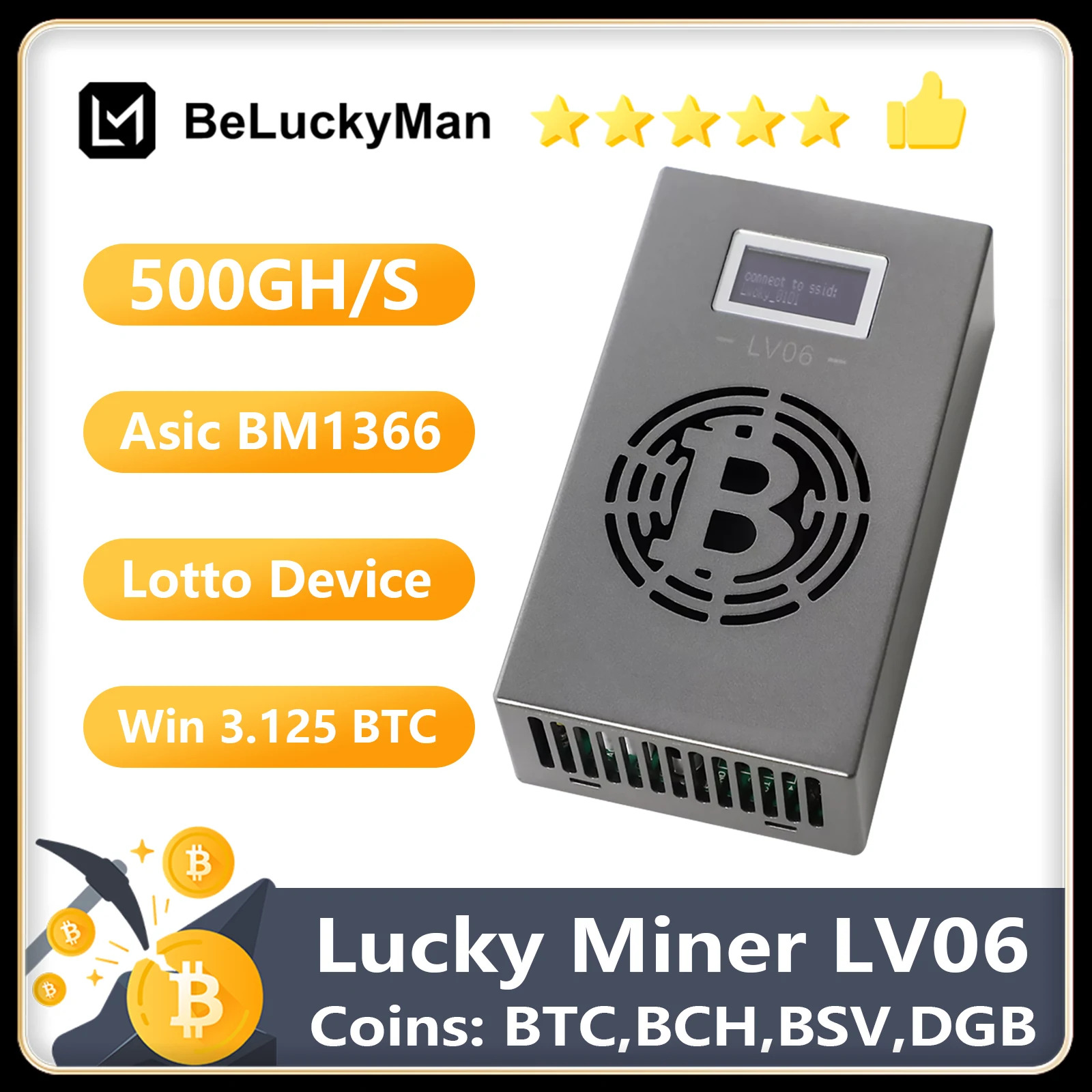 SOLO Mining Machine Bitcoin Miner Lucky Miner LV06 Lotto Dispositivo ASIC Crypto Mining BTC BCH BSV DGB 500GH/S BM1366 SHA256 13W