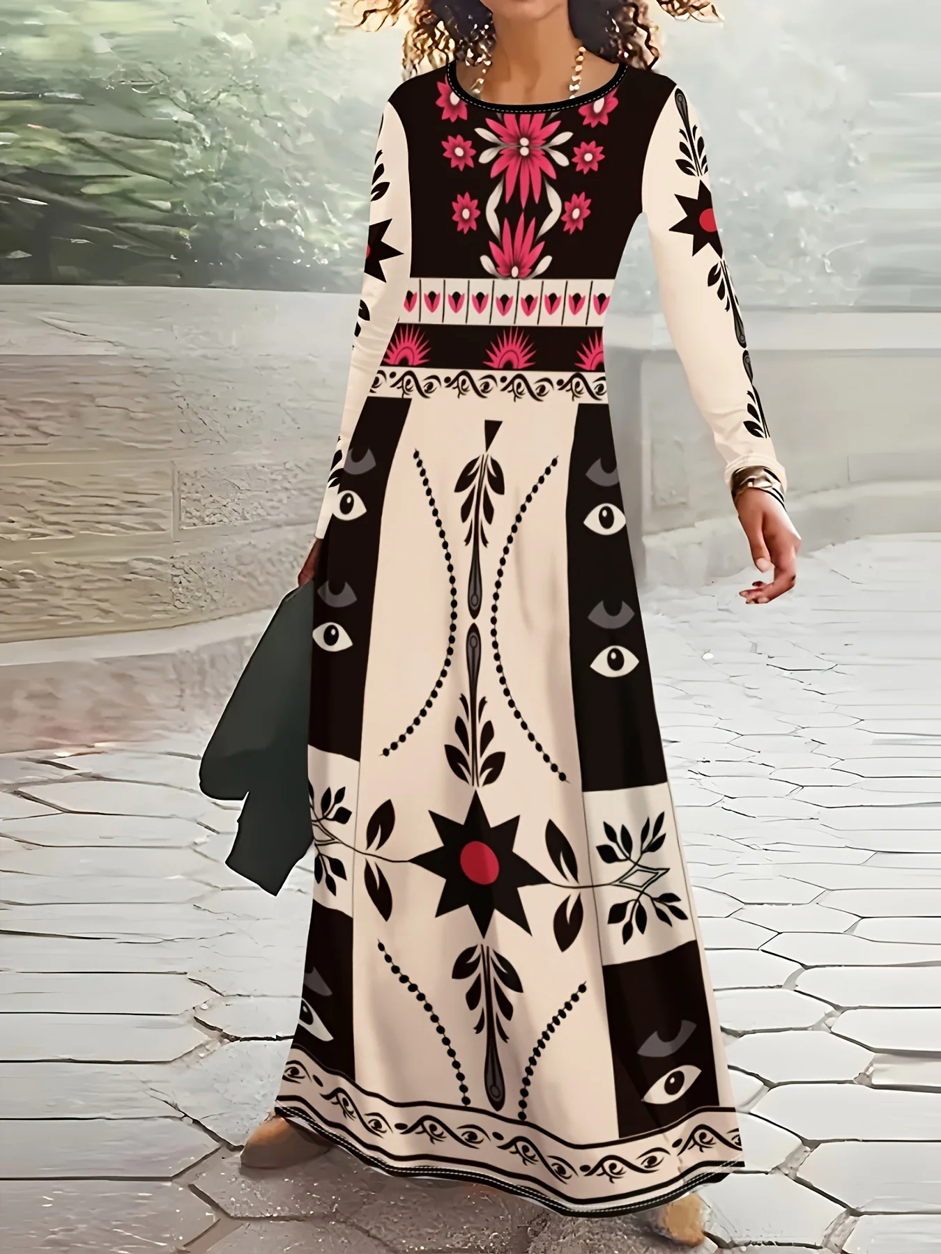 Langärmliges Maxikleid mit Ethno-Print, Boho A-Linie, Fließendes Sommerkleid für Damen 2024, Neue Mode, Elegantes Abendkleid