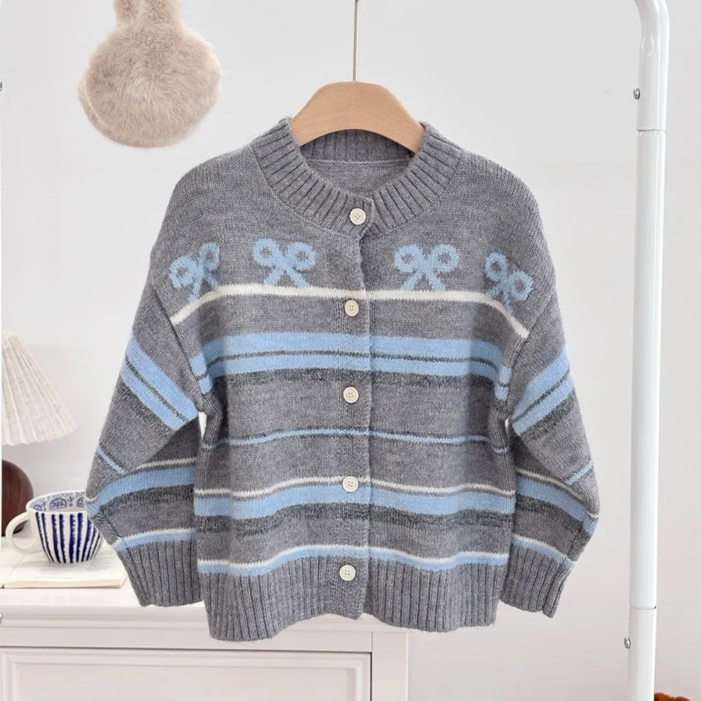 

Детская одежда, свитер для девочек, высококачественный шерстяной кардиган, мягкий синий полосатый свитер с бантом, пальто
