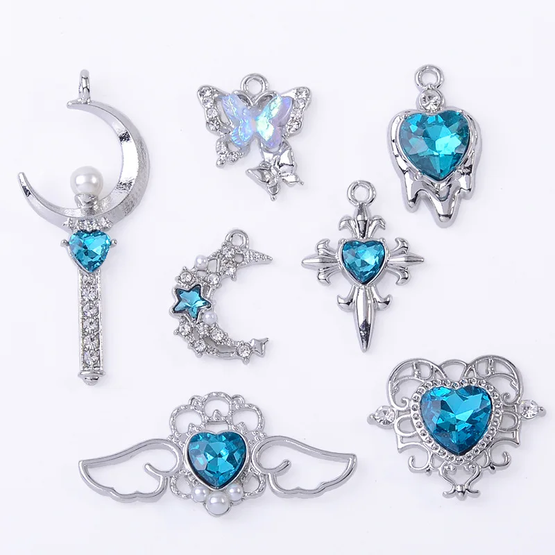 Lake Blue Series Baroque Pendant Full Diamond Butterfly Moon Cross Earrings Bracelet Clavicle Chain Alloy Accessories