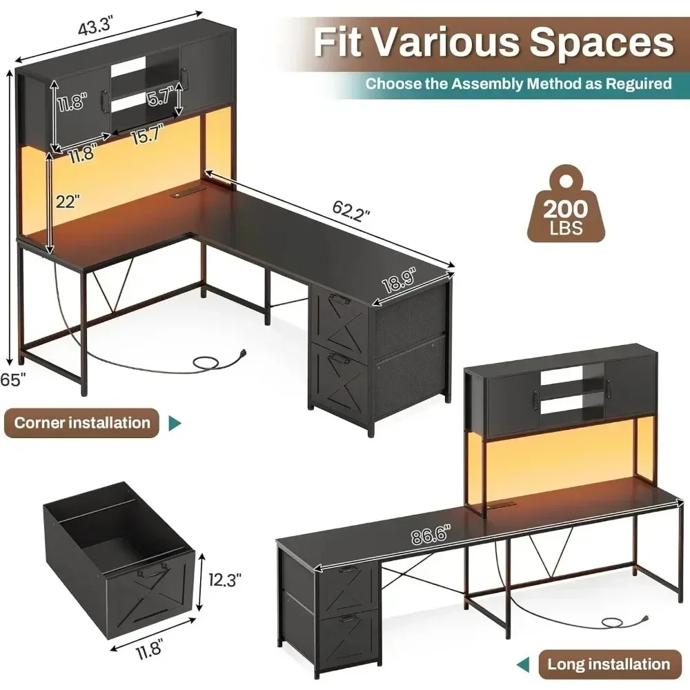 Computer Desk, Reversible L Shaped Computer Desk with Fabric Drawers and Power Outlet, Gaming Desk with Led Lights