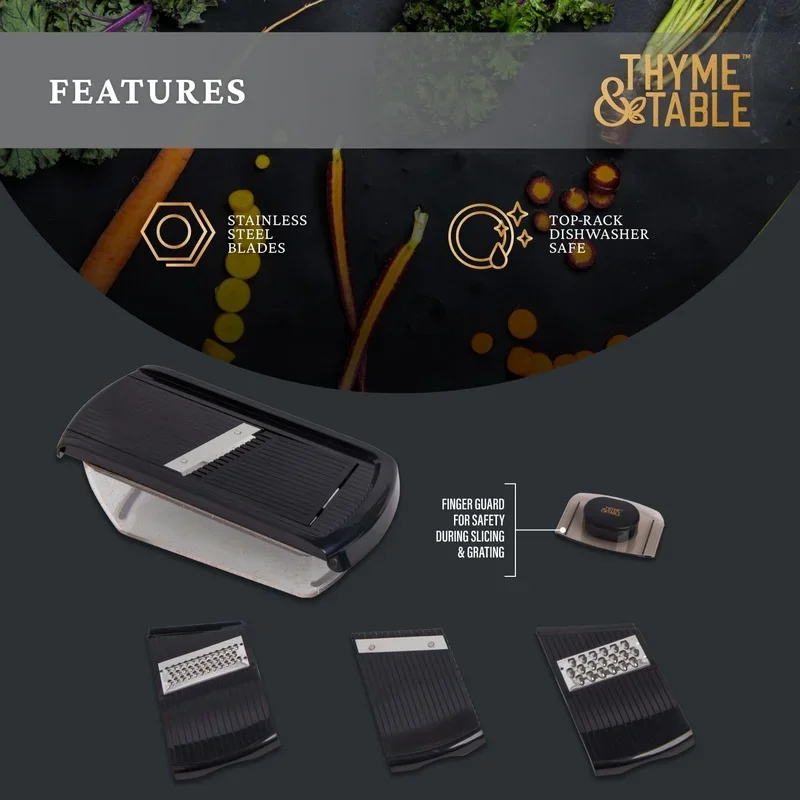 

7-Piece Mandolin Slicer Set with 4 Stainless Steel Blades Food Prep Tool Non-Slip Base Finger Guard Grating Slicing Julienning