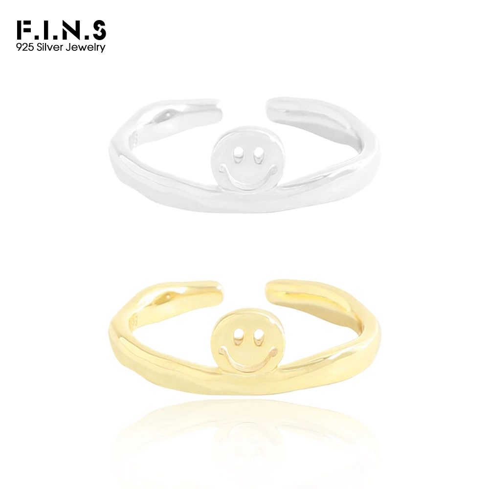 

F.I.N.S Original Design Minimalist S925 Sterling Silver Smile Face Ring Women Textured Open Adjustable Finger Fine Jewelry