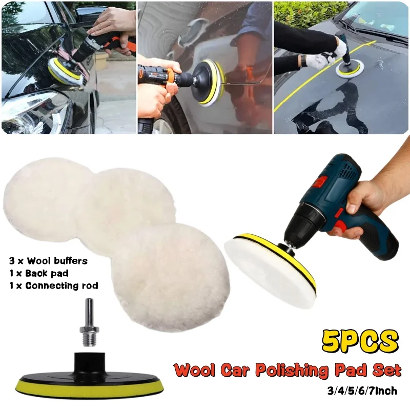 5Pcs Wool Car Polishing Pad Set with Buffing Wheel,Drill Adapter for Polisher Machine Auto Paint Care Waxing Buffing Pads Kit