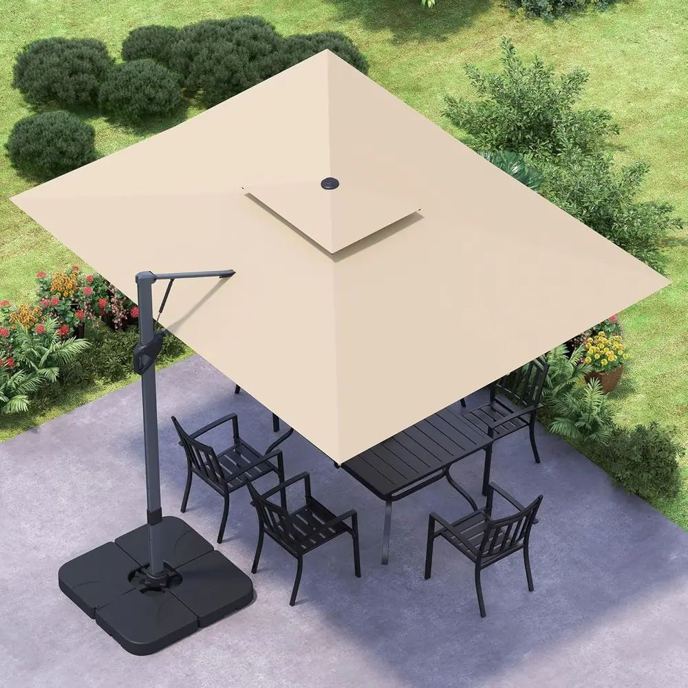 

12x9 Cantilever Patio Umbrella with Base, 360° Rotation, 5-Year Hanging Poolside Garden Deck Umbrella - Beige