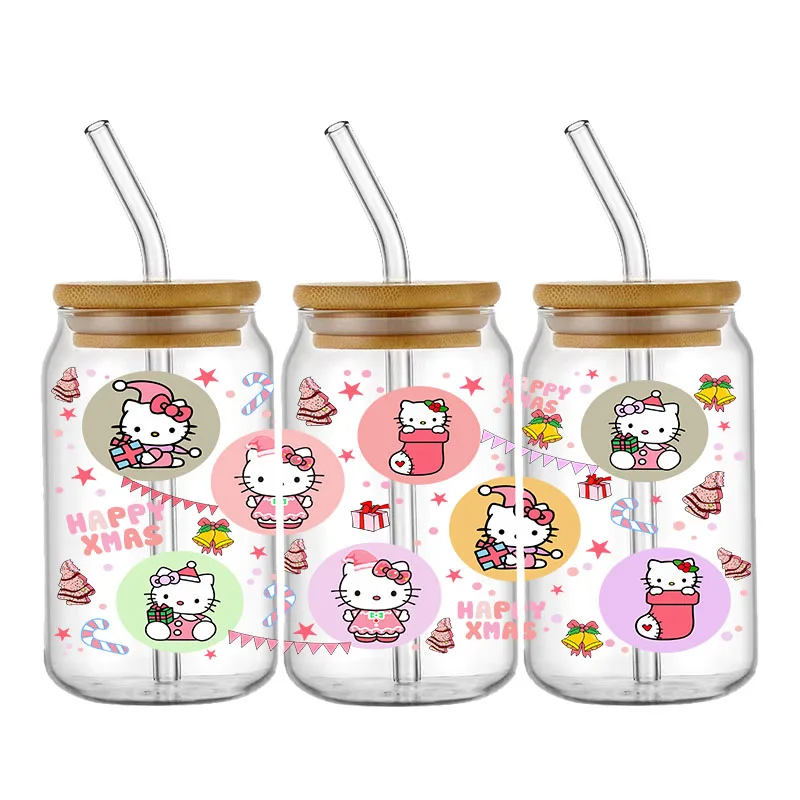 Miniso Hello Kitty Kuromis 16OZ UV DTF Cup Wraps Transfer Sticker For Glass Libbey Can Bottle Selfadhesive Washable DIY Custom