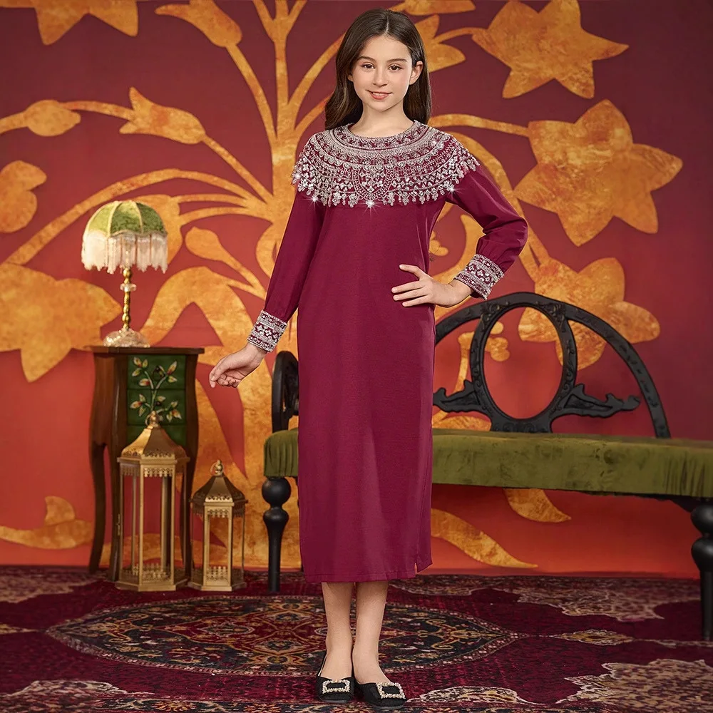 

Morocco Muslim Kids Girls Beaded Maxi Dress Robe Ramadan Eid Djellaba Islamic Children Clothing Arabic Abaya Turkey Kaftan Party