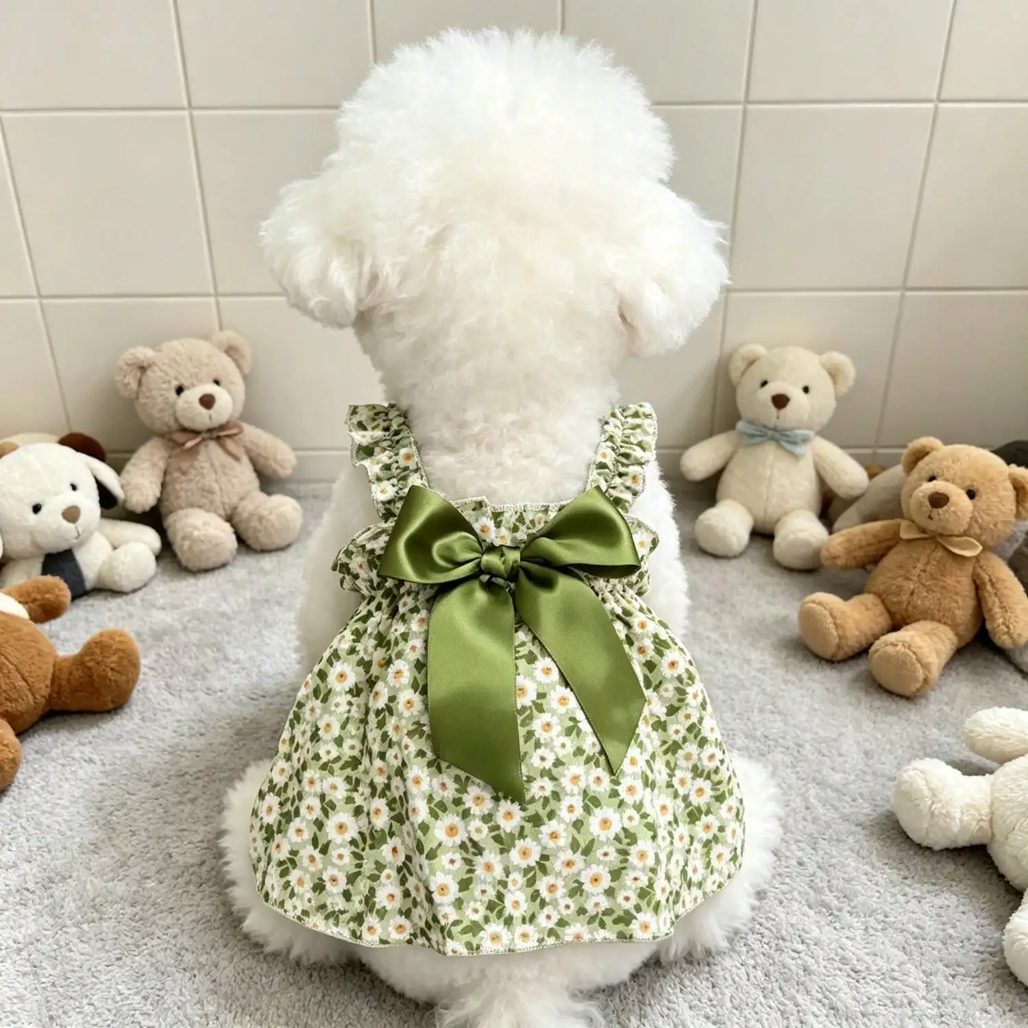 Sommerkleid für Haustiere, ärmellos, mit Blumenmuster, Rüschenriemen, großer Schleife als Dekoration für kleine Hunde, für den täglichen Gebrauch und Partys. – Detail 13