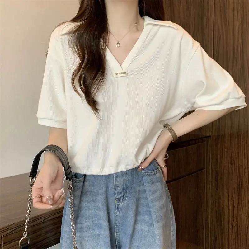 Women Summer Simplicity Loose Solid Color V-neck Short Sleeve T-Shirt Women Clothes Casual All-match Appear Thin Trend Top Tee