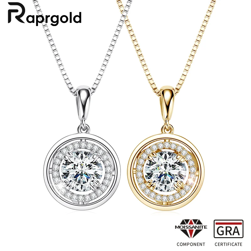 

RAPRGOLD GRA Certified All Moissanite Round Pendant Necklaces for Women 925 Sterling Silver Necklace Chains Jewelry Gifts Choker