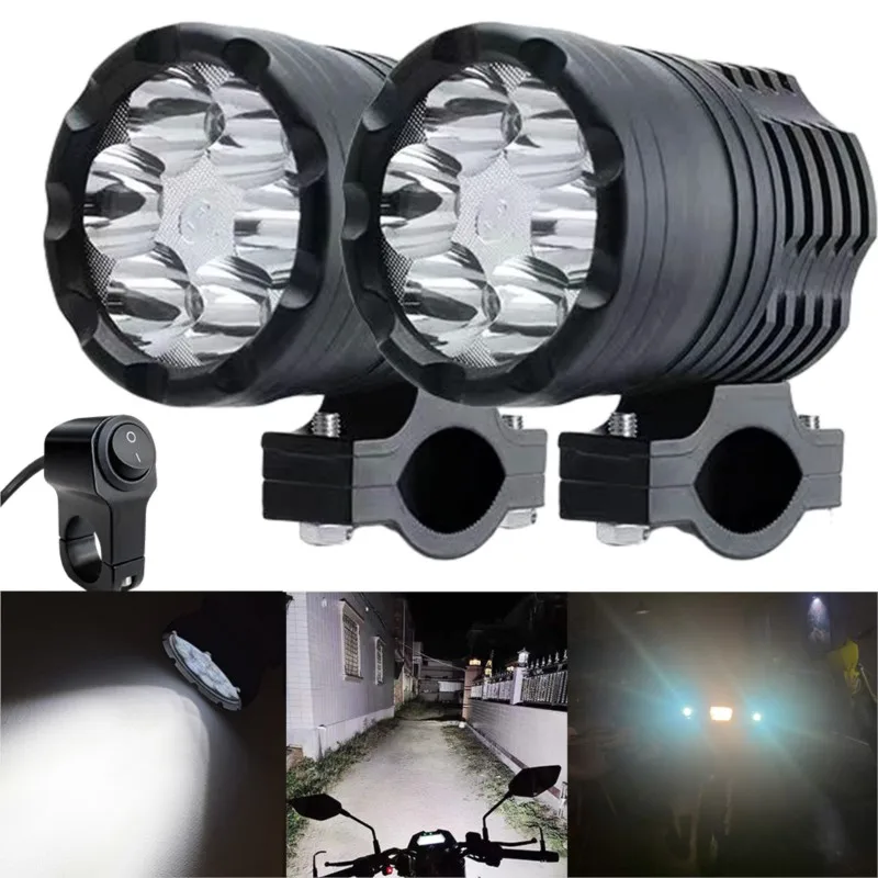 6 LED Auxiliary Headlights Motorcycle Spotlights 12-80V Long Range High Beam Powerful Light Additional Moto Motorbike Fog Lights