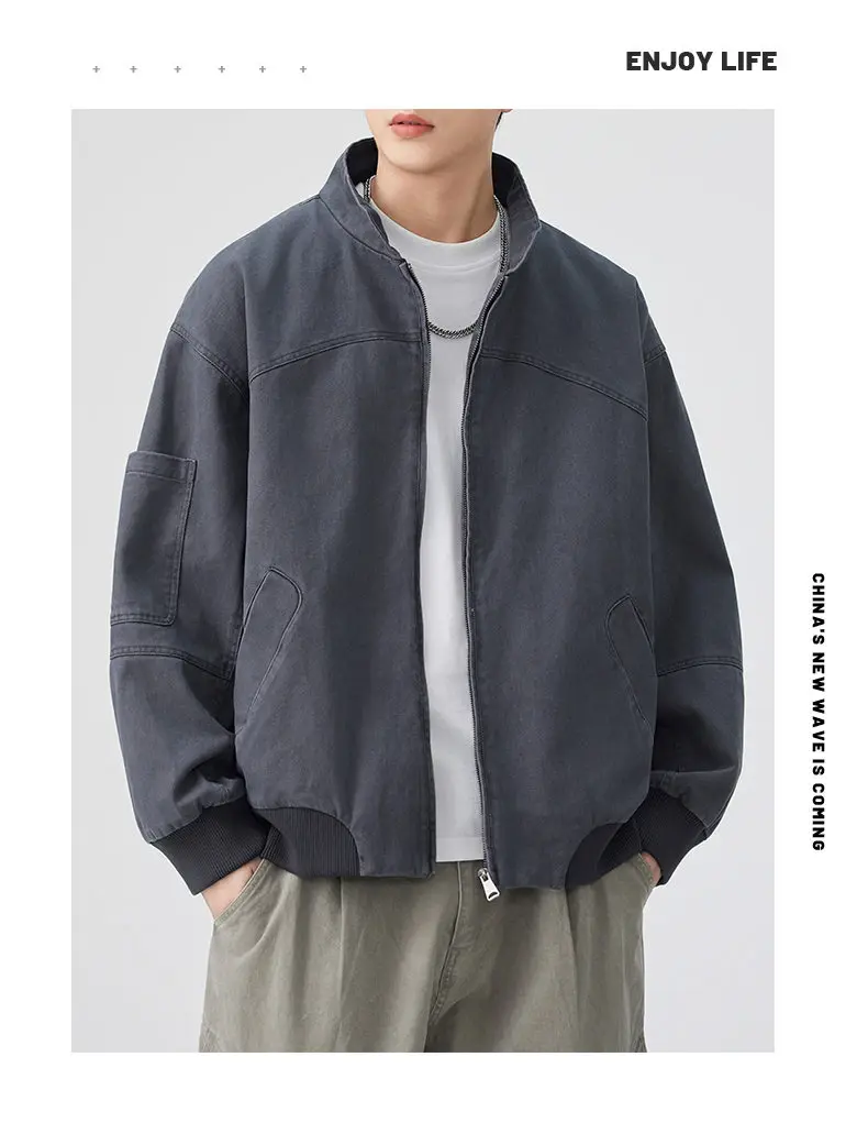 Neue 2026 Frühling Herbst Lässige Herren Baumwolljacke Outdoor Einfarbiger Reißverschluss Stehkragen Mantel Streetwear Winddichte Oberbekleidung – Detail 13