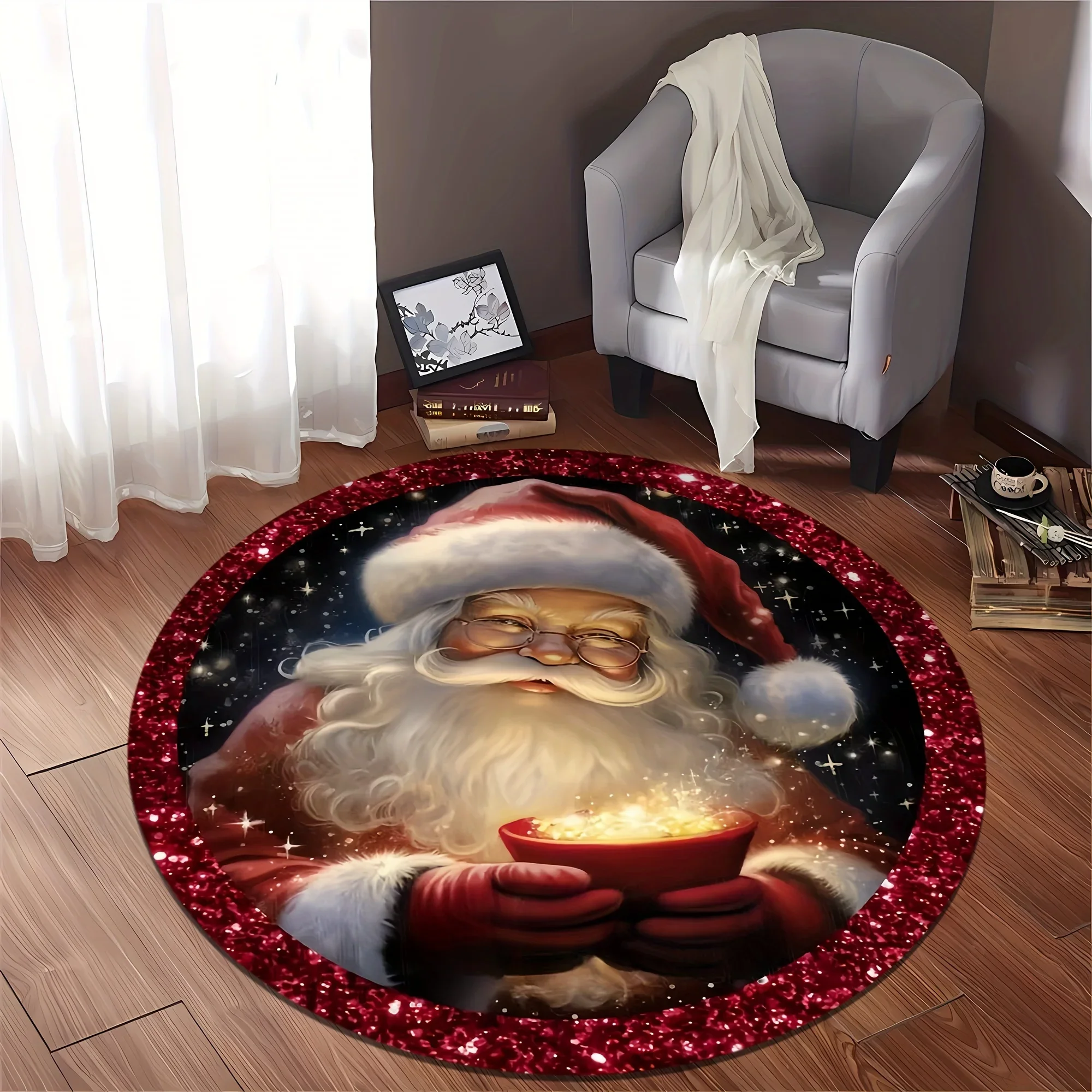 1pc Santa Claus Pattern Round Rug, Non-slip Floor Mat for Living Room, Bedroom, Bathroom, Holiday Home Decoration