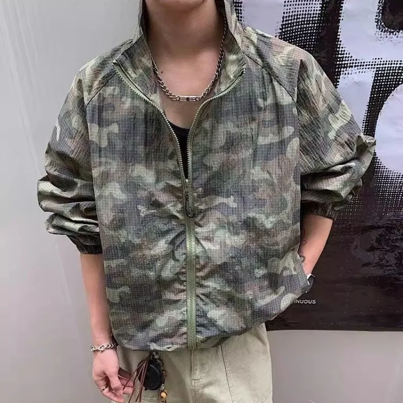 American Retro Camouflage Thin Jacket Men's Summer Sun Protection Clothing Grid Quick Drying Hiking Stand Collar Coat Outdoor