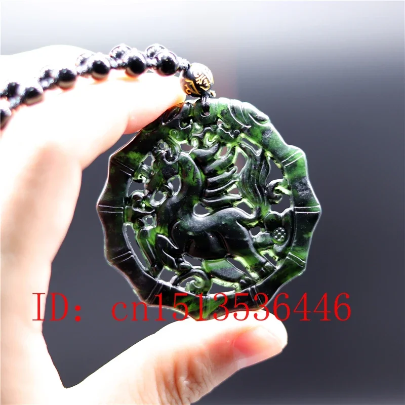 Chinese Black Green jade fly Horse  Jade Pendant Natural Obsidian Necklace Charm Jewellery Fashion Amulet Gift Men Women