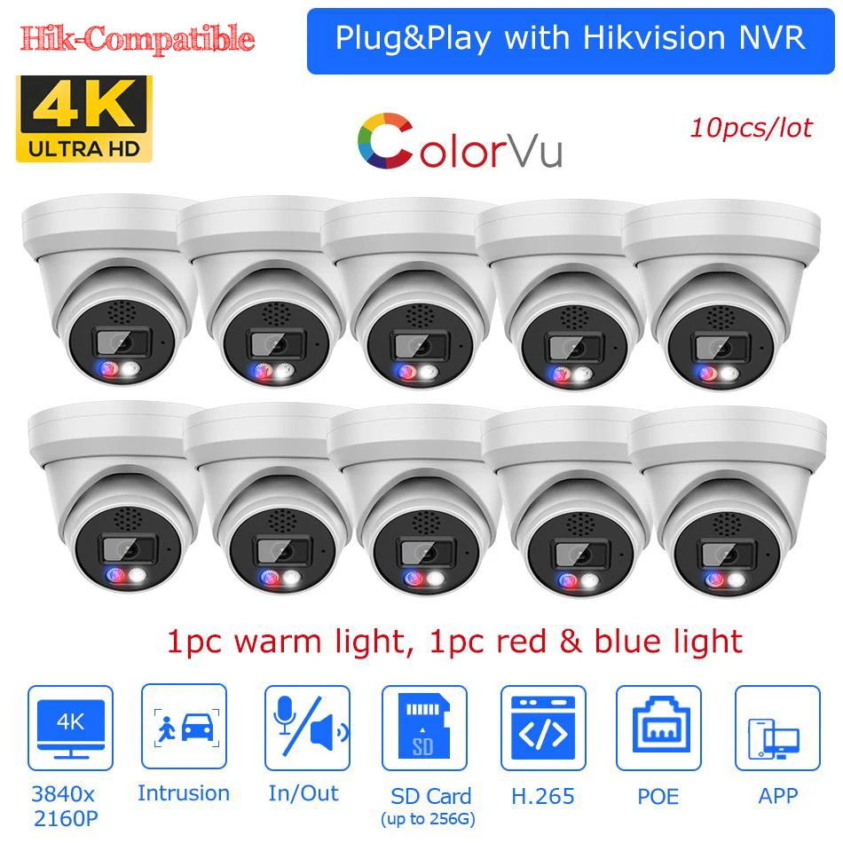 10pcs/lot Hikvision Compatible 8MP ColorVu IP Camera 2-way Audio Sound Light Alarm SD Card Plug&Play Hik NVR Surveillance Camera