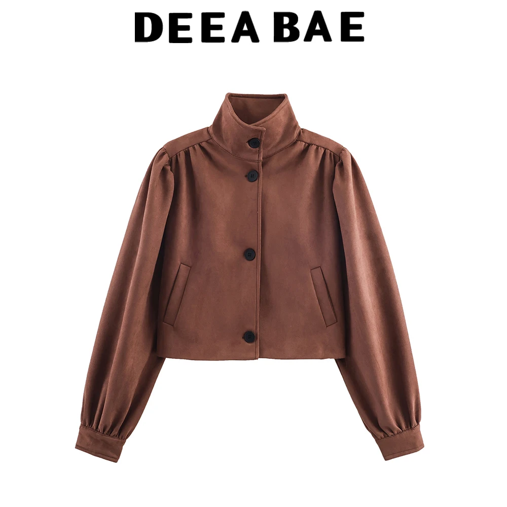 

DEEABAE Autumn new women's clothing French design single breasted stand up collar long sleeved suede like pleated jacket jacket