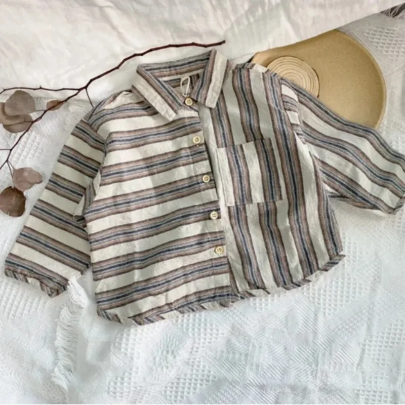 

Children's Retro Striped Irregular Cotton Linen Shirt Autumn New Korean Literary Baby Boys Buttons Long-Sleeved Shirts WT055