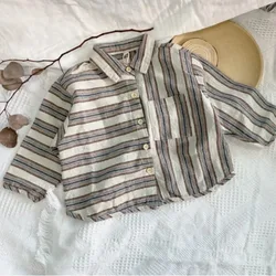 Children's Retro Striped Irregular Cotton Linen Shirt Autumn New Korean Literary Baby Boys Buttons Long-Sleeved Shirts WT055
