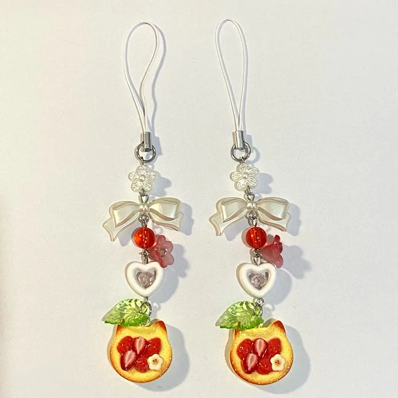 Handmade strawberry toast beads phone charm Feline Jewelry