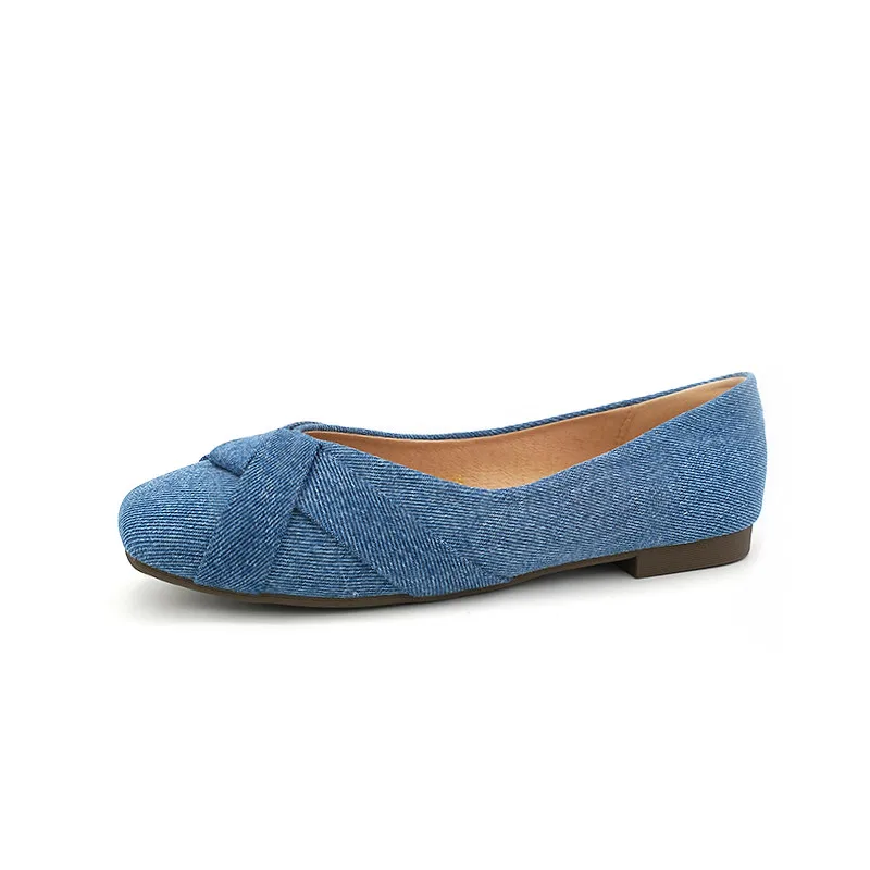 Women Flats Denim Cloth Blue Shoes for Ladies Square Head Solid Color Size 35-41 Spring Summer Autumn Shoes Flat Heel All Match