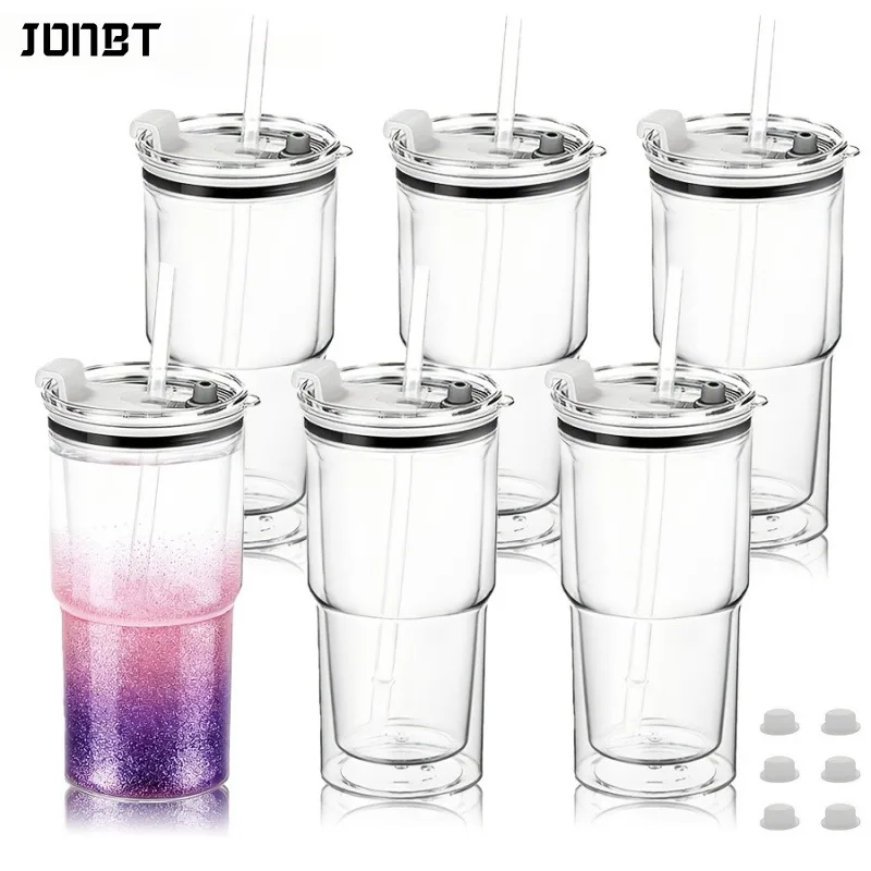 2/4PCS 18oz Double Wall Plastic Snowglobe Tumbler With Pre Drilled Hole Bottle With Straw Lid Iced Coffee Cup Reusable Drinkware