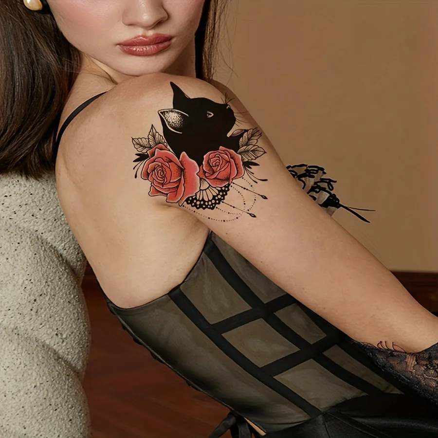

1 Sheet Temporary Tattoo Sticker, Black Cat with Red Rose Dreamcatcher Gothic Design, Waterproof Long Lasting Body Art for Women