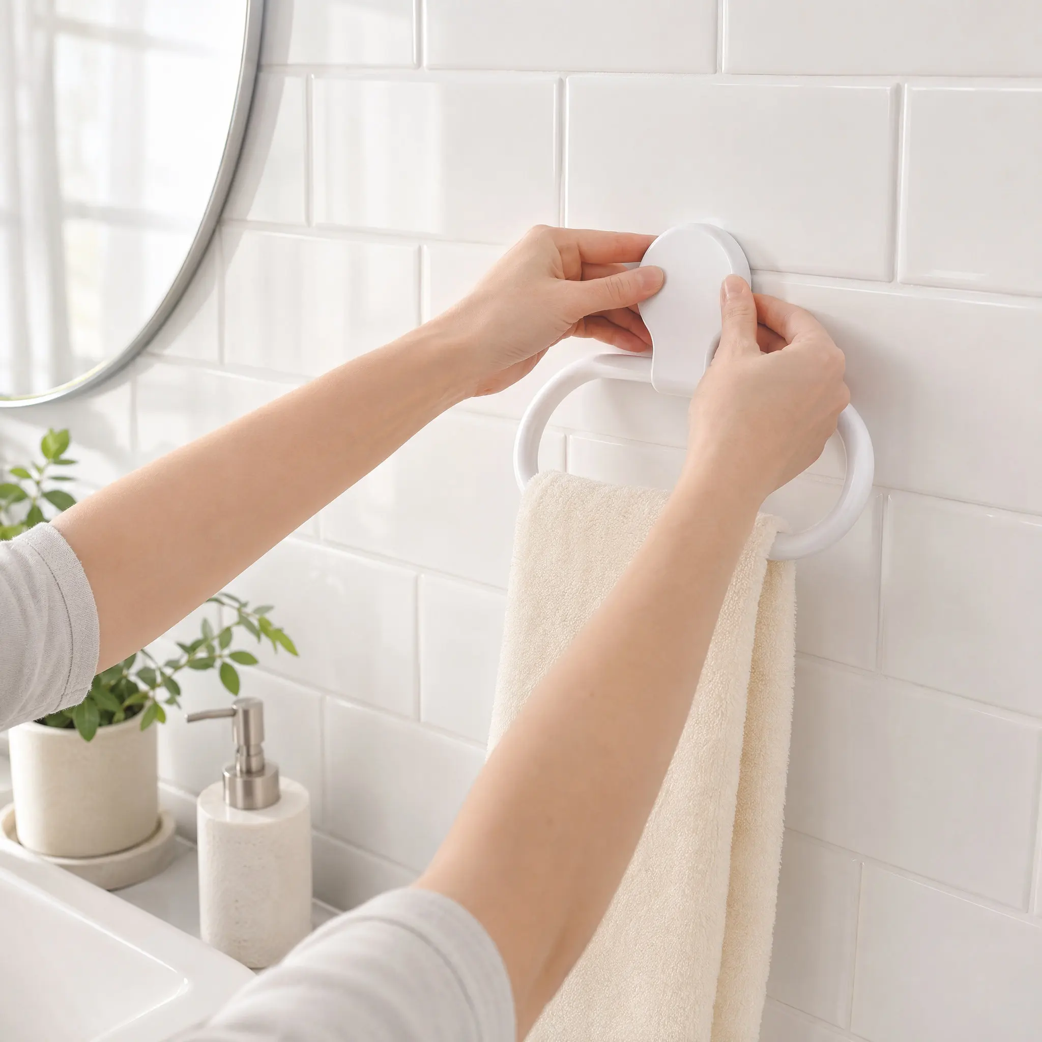 No Drilling Self-Adhesive Towel Ring for Bathroom and Kitchen Premium ABS Construction Strong Hold Easy Peel and Stick Mounting