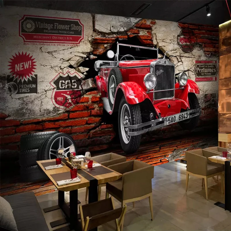 Custom Photo Wall Paper 3D Retro Red Car Broken Wall Murals Living Room Restaurant Cafe Bar KTV Background Wall Painting Decor