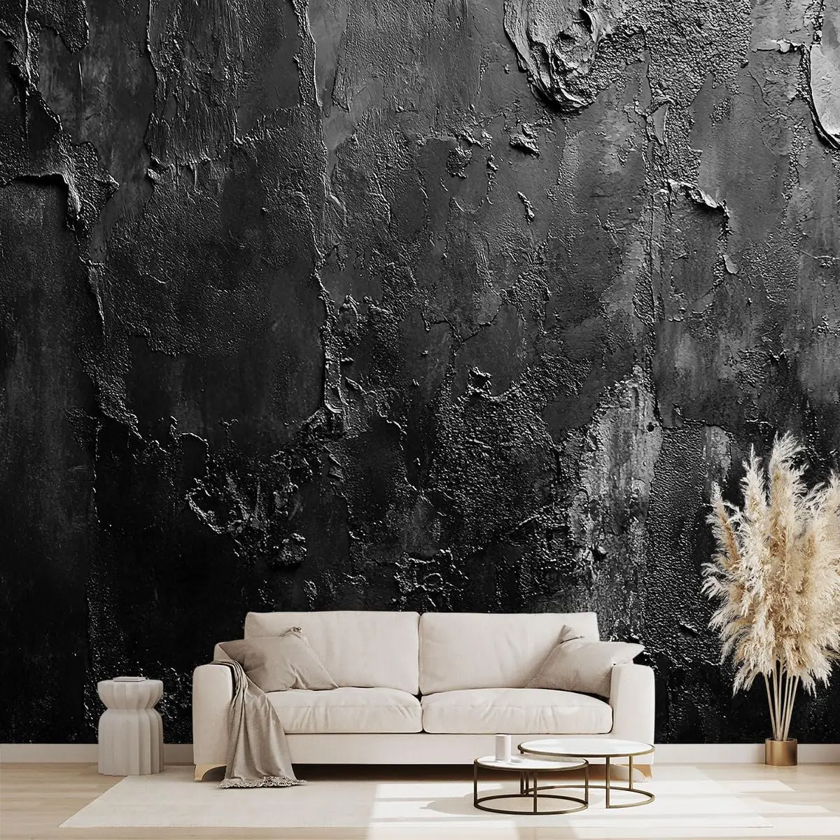 Dramatic Black Textured Grunge Industrial Mural Tapestry Wallpaper Accent Wall Artwork for Modern Gothic Living Room Decor