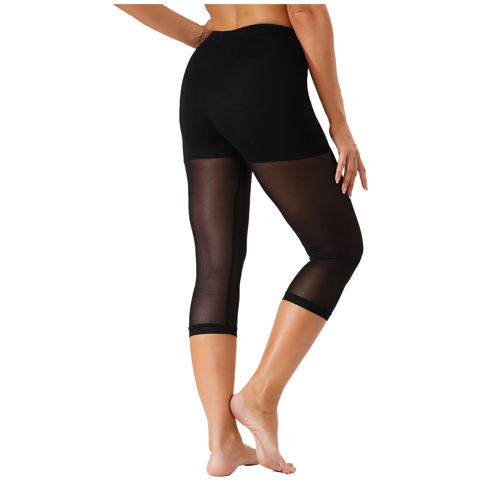 Pantaloni da donna al ginocchio in vita elastica tinta unita Patchwork Leggings in rete trasparente Legging anti-esposizione per allenamento Yoga Sport