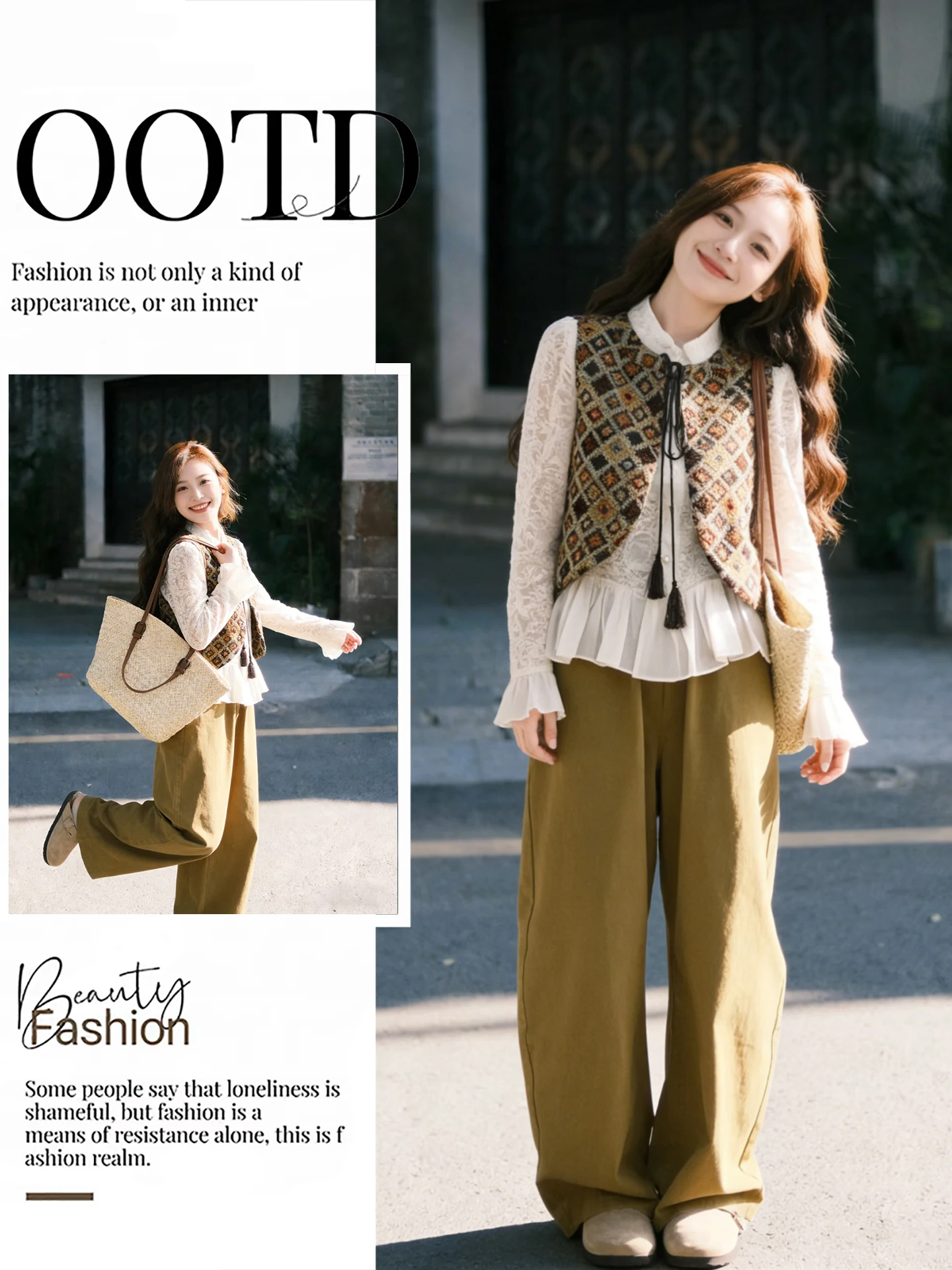 

Retro id Vest Set High Waist Lace irt Long Sve Spring Faion Tee Piece Women's Ensemble Classic Sle Casual Pants