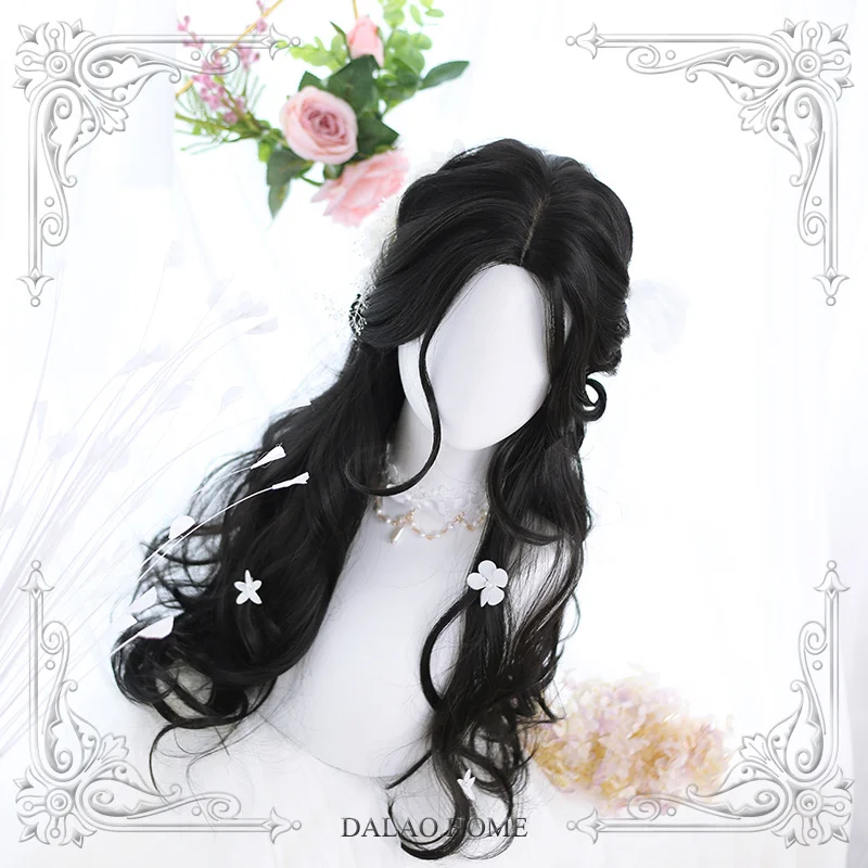 High Quality Long Curly Hair Lolita Natural Black Middle Parting Hair Style Masquerade Party Wig