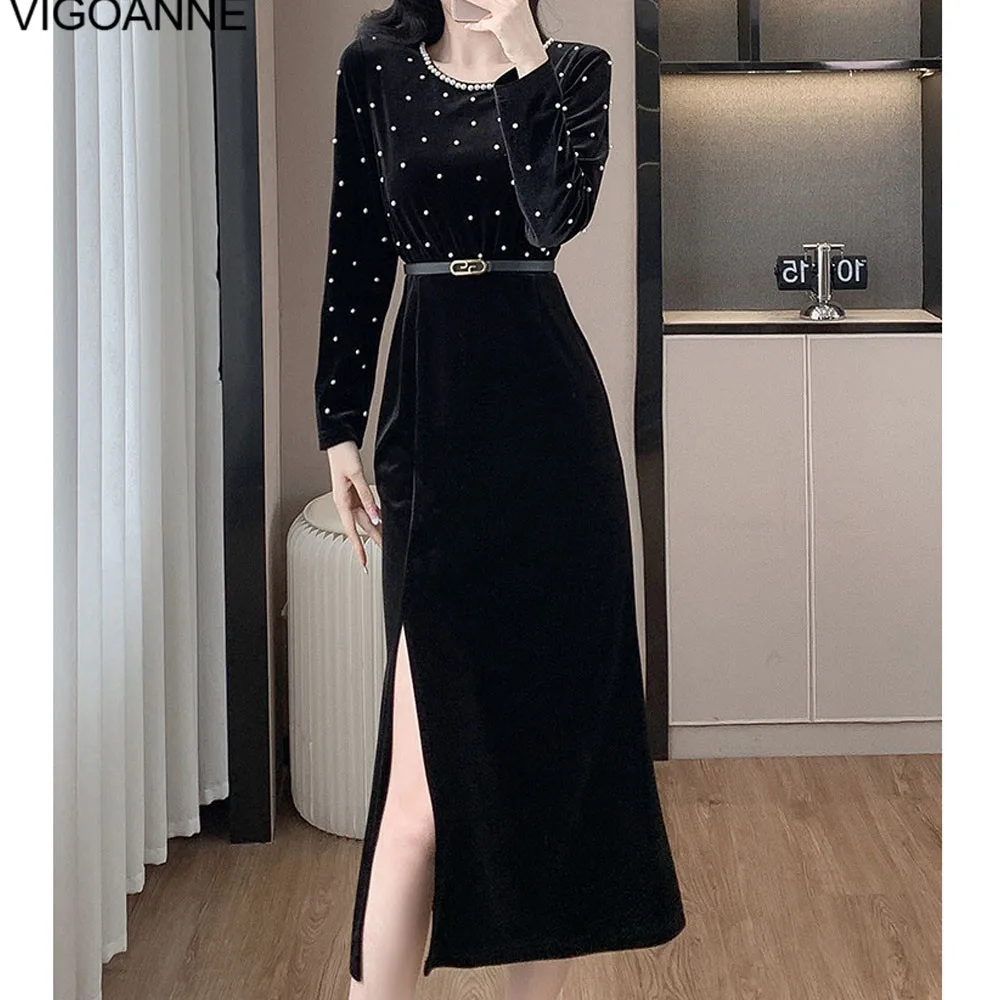 VigoAnne 2025 Spring Autumn Woman Black Velvet Dress Patchwork Slit Long Sleeve Dress Lady Black Evening Party Tight Long Dress