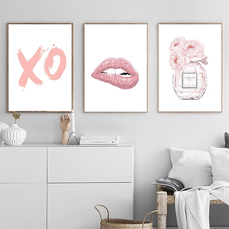 Fashion Simple Pink Love perfume Flower Letter Art Print Poster Dressing Room Living Room Girl Bedroom Modern Wall Decoration