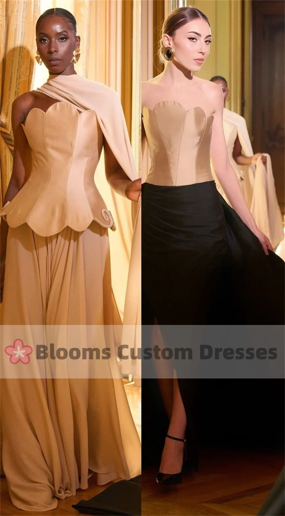 Blooms Customized Champagne Satin Prom Dresses Sexy Pleated Sleeveless Evening Dresses Back Zipper Special Occasion Gown