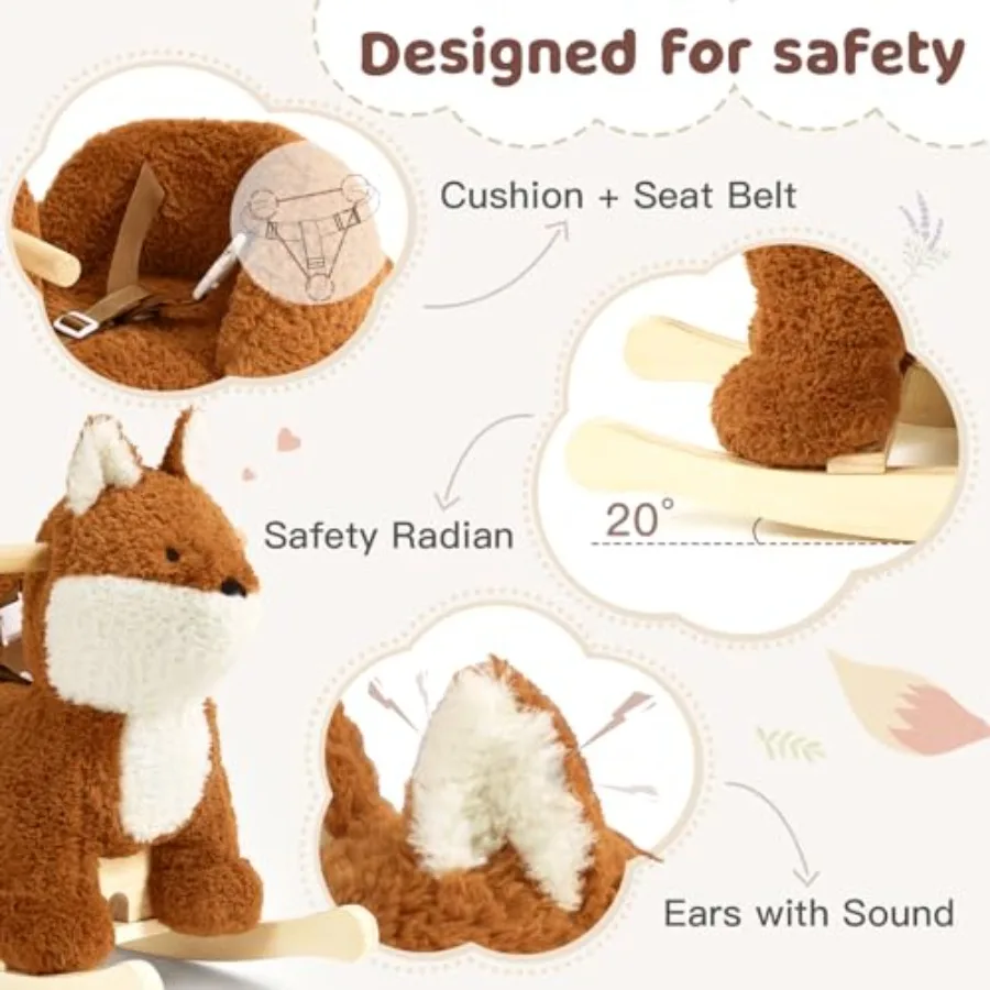 Koń na biegunach dla niemowląt, koń na biegunach w kształcie brązowo-czerwonego lisa z pasem bezpieczeństwa, pluszowy konik na biegunach dla dzieci, pluszowa zabawka na biegunach dla dzieci