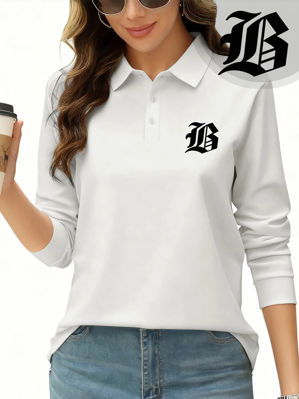 

Рубашки поло с буквенным принтом B, женские осенние дышащие топы с лацканами, футболки с длинными рукавами для поездок на работу, спортивная базовая женская одежда