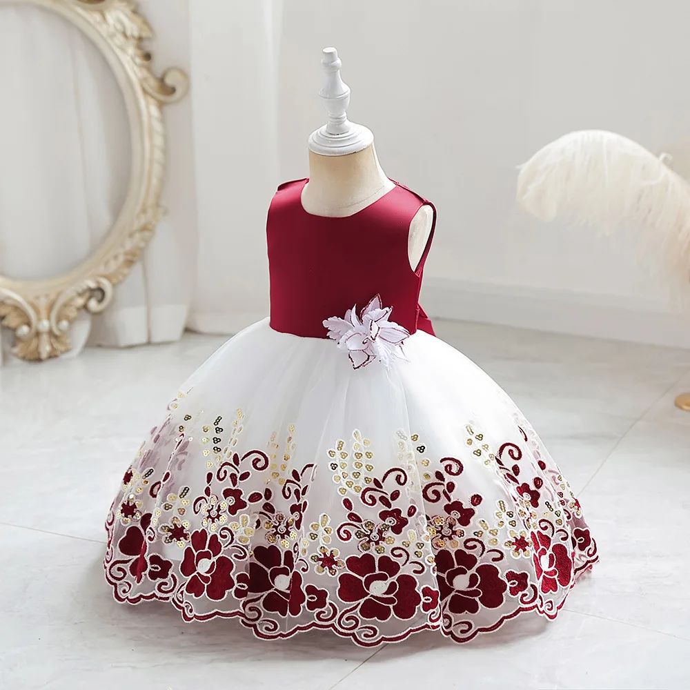 Pink Flower 1 Year Birthday Dresses For Baby Girl Clothing Cute Bow Golden Sequined Toddler Princess Lace Party Ball Gown 1-6Y